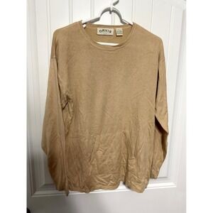 Orvis Sweater Mens Large Tan Silk Cashmere Blend Kangaroo Pocket Long Sleeve